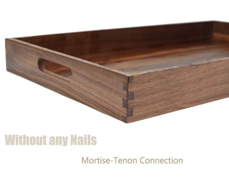 MAGIGO 22 x 14 Inches Large Rectangle Black Walnut Wood Ottoman Tray with Handles, Serve Tea, Coffee, Classic Wooden Decorative Serving Tray - Image 4